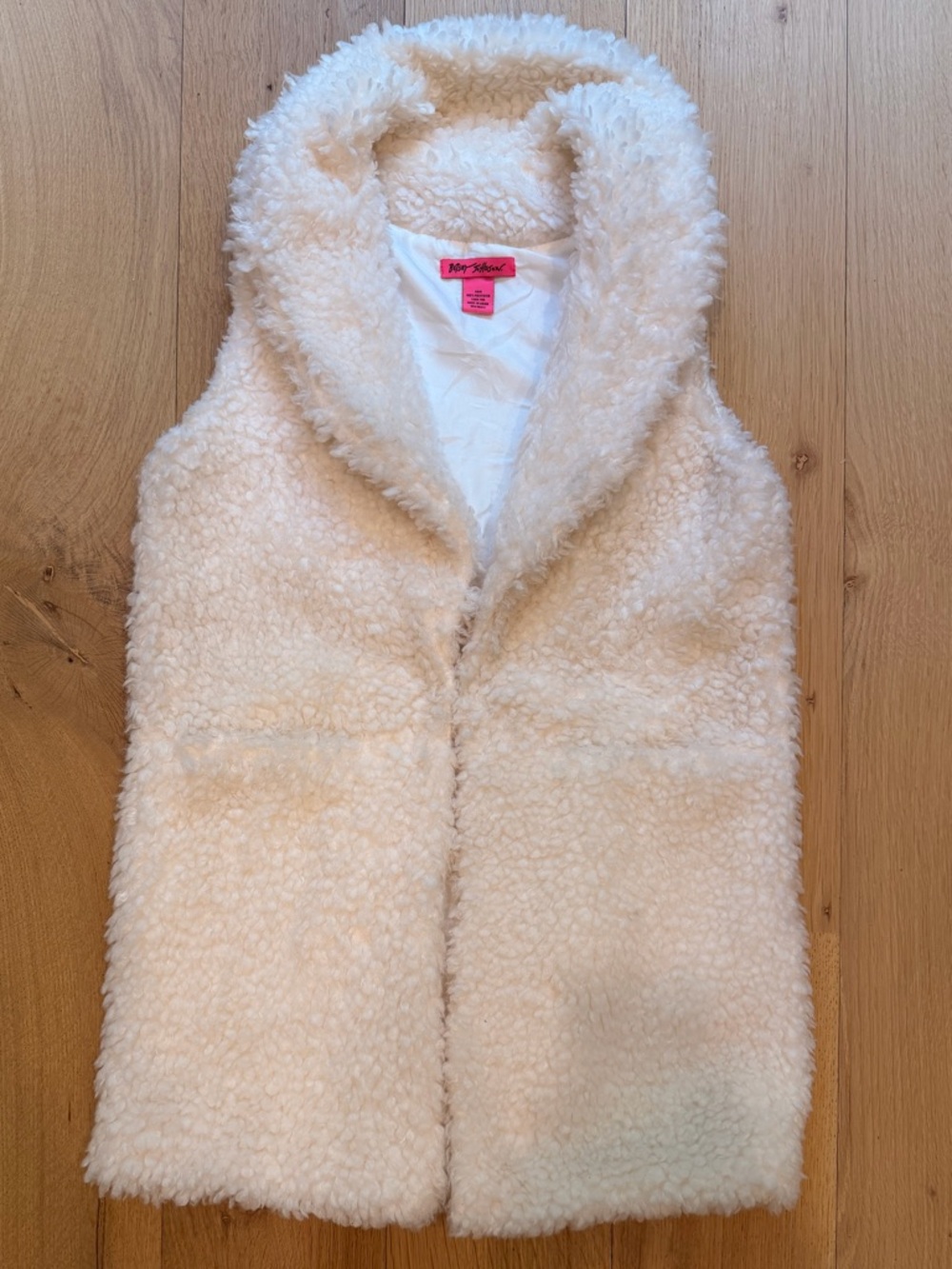 Betsey Johnson Faux Fur Vest XS Cream Teddy Sherpa Open Front Sleeveless Coat